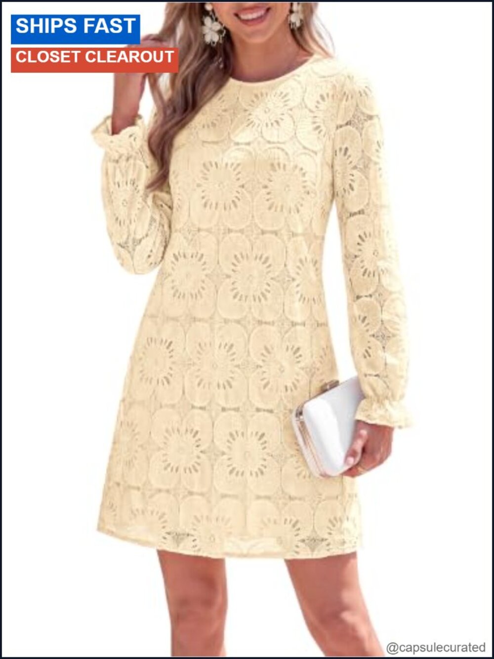 Women's Crochet Floral Eyelet Lace Mini Dress Long Sleeve Shift